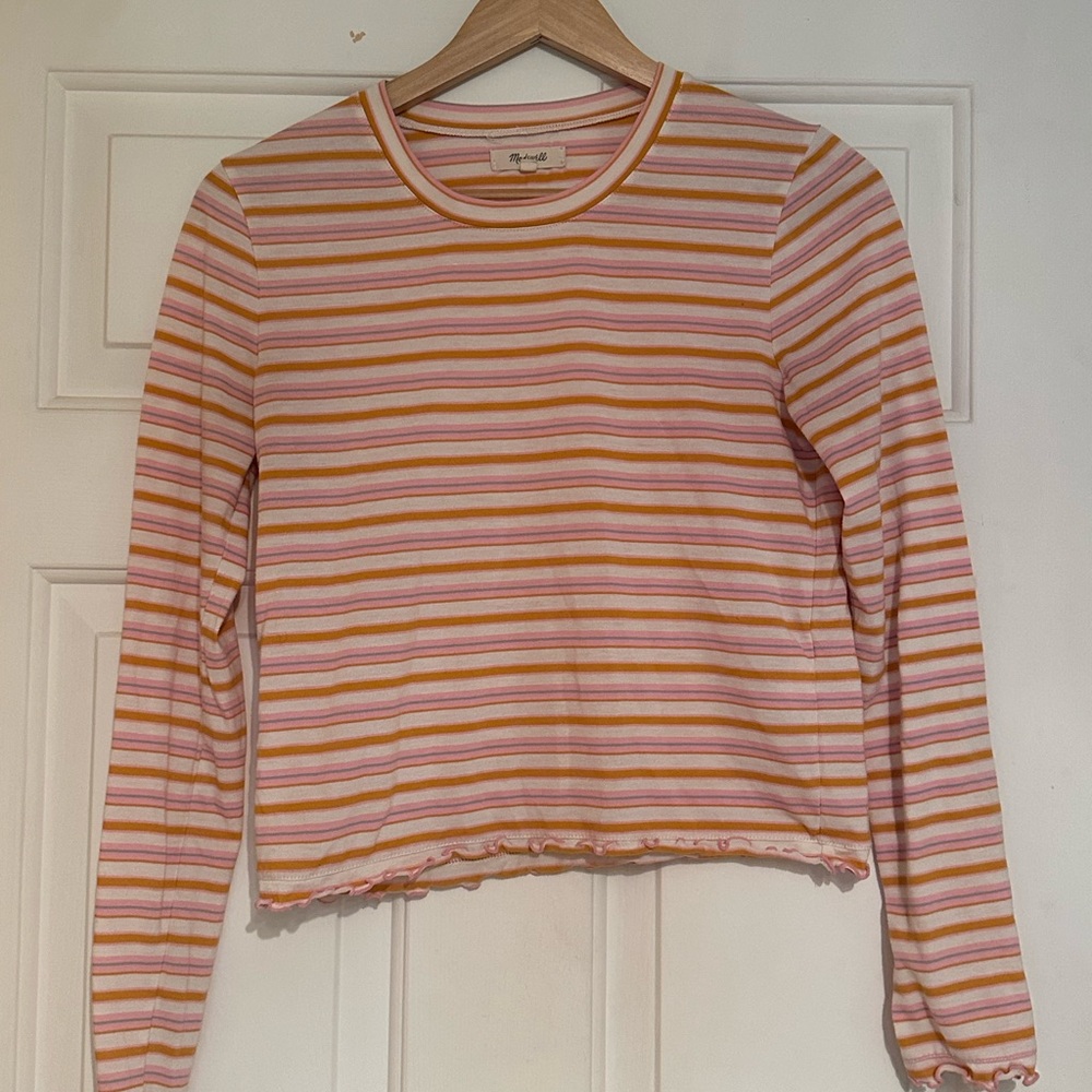 Madewell Pink and Yellow Fitted Ribbed Long Sleeve Tee